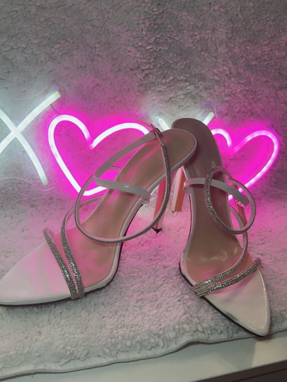 SHEIN White Rhinestone Strappy Pointed Heels